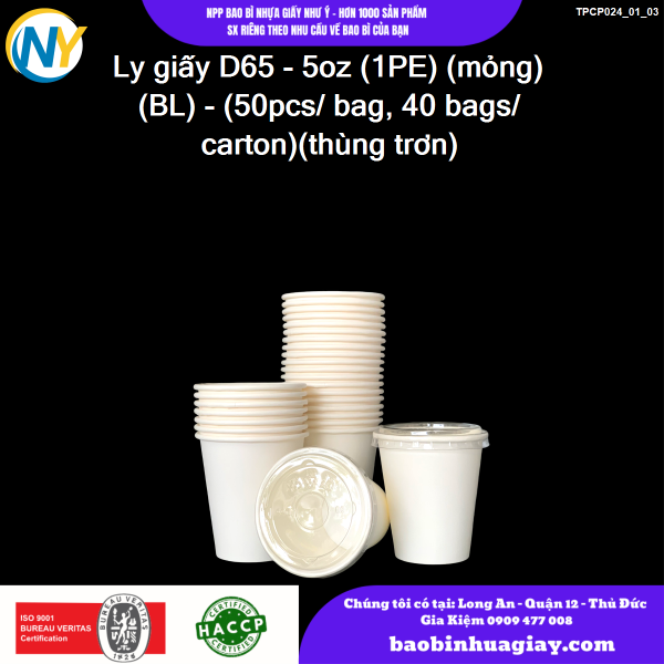 Ly giấy D65 - 5oz (1PE) (mỏng) (BL) - (50pcs/ bag, 40 bags/ carton)(thùng trơn)