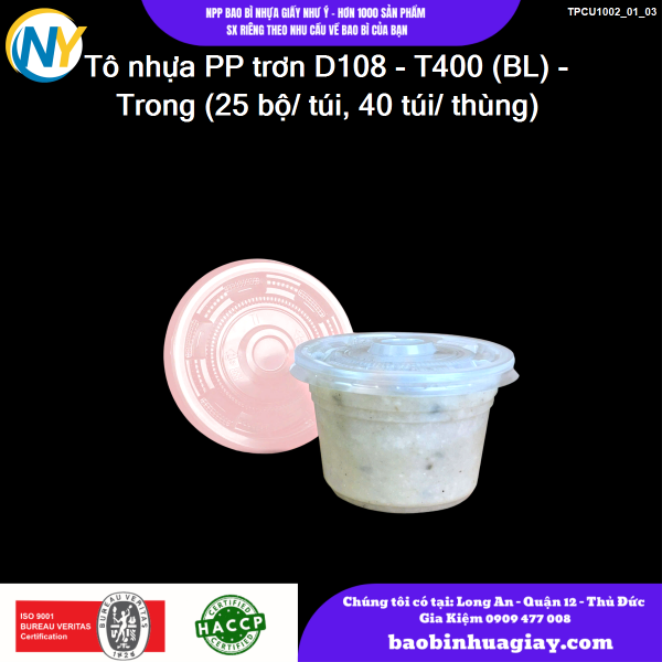 Tô nhựa PP trơn D108 - T400 (BL) - Trong (25 bộ/ túi, 40 túi/ thùng)