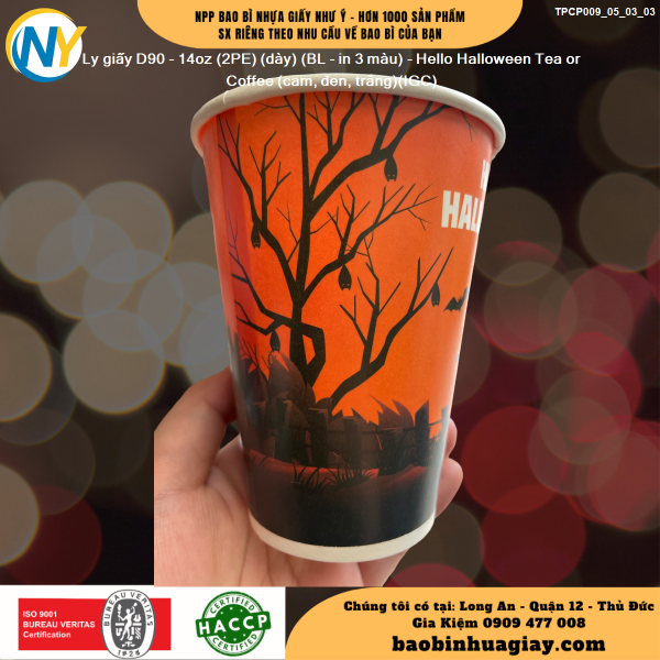 Ly giấy D90 - 14oz (2PE) (dày) (BL - in 3 màu) - Hello Halloween Tea or Coffee (cam, đen, trắng)(IGC)