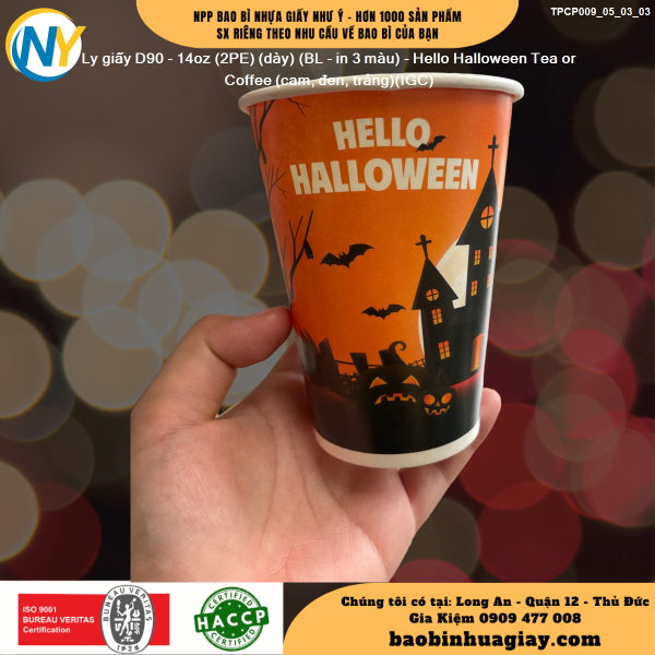 Ly giấy D90 - 14oz (2PE) (dày) (BL - in 3 màu) - Hello Halloween Tea or Coffee (cam, đen, trắng)(IGC)