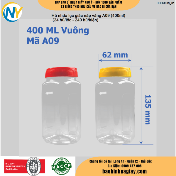 Hũ nhựa lục giác nắp vàng A09 (400ml) (24 hũ/lốc - 240 hũ/kiện)