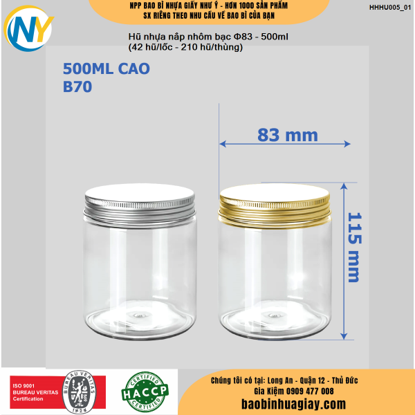 Hũ nhựa nắp nhôm bạc Φ83 - 500ml (42 hũ/lốc - 210 hũ/thùng)