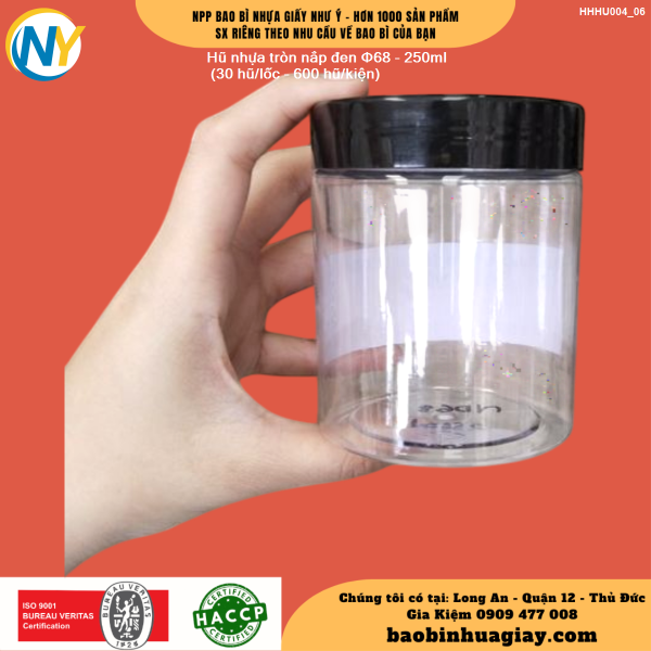 Hũ nhựa tròn nắp đen Φ68 - 250ml (30 hũ/lốc - 600 hũ/kiện)