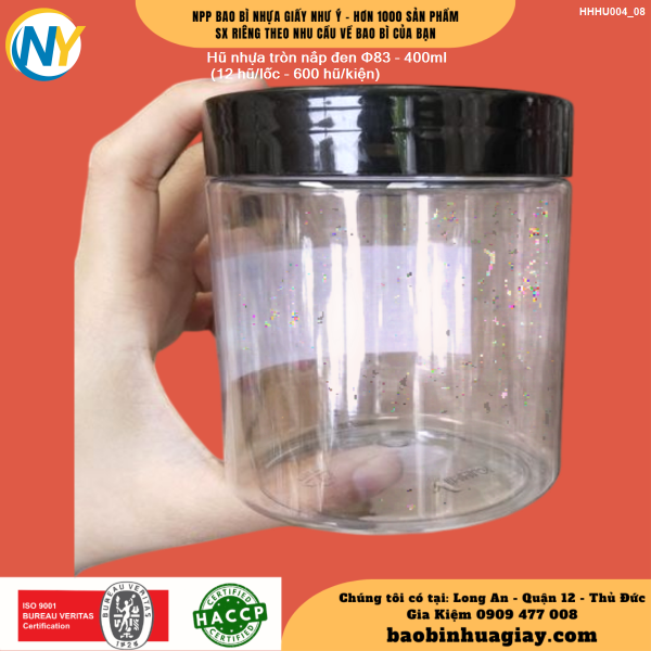 Hũ nhựa tròn nắp đen Φ83 - 400ml (12 hũ/lốc - 600 hũ/kiện)