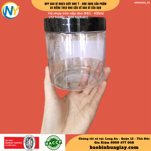 Hũ nhựa tròn nắp đen Φ83 - 400ml (12 hũ/lốc - 600 hũ/kiện)