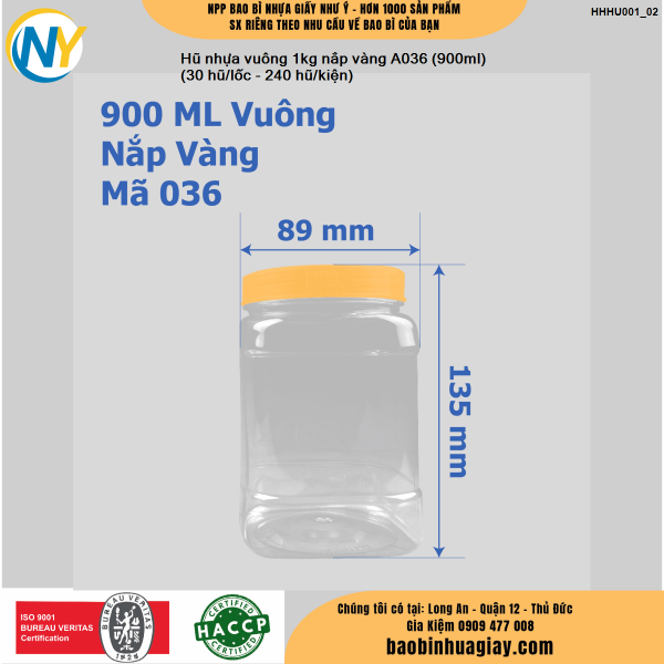 Hũ nhựa vuông 1kg nắp vàng A036 (900ml) (30 hũ/lốc - 240 hũ/kiện)