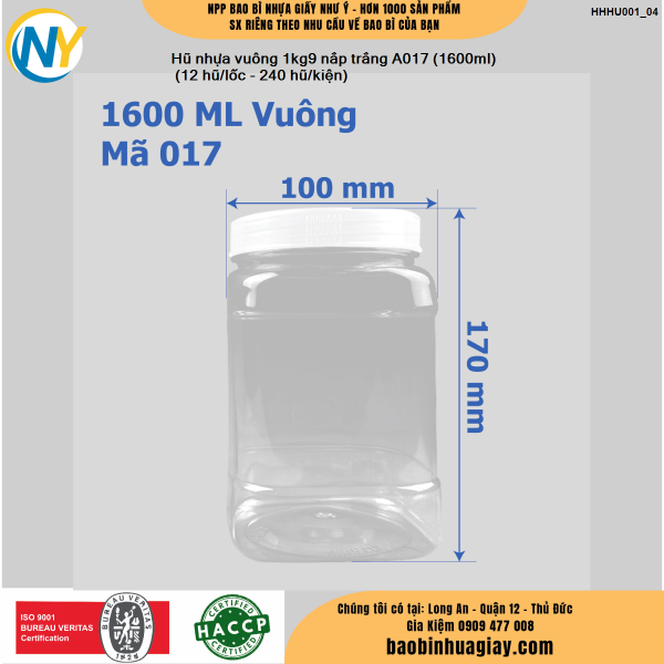 Hũ nhựa vuông 1kg9 nắp trắng A017 (1600ml) (12 hũ/lốc - 240 hũ/kiện)