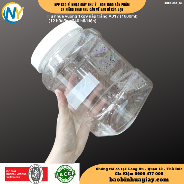 Hũ nhựa vuông 1kg9 nắp trắng A017 (1600ml) (12 hũ/lốc - 240 hũ/kiện)