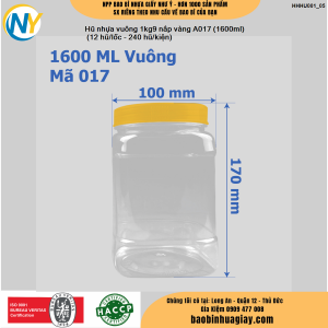 Hũ nhựa vuông 1kg9 nắp vàng A017 (1600ml) (12 hũ/lốc - 240 hũ/kiện)