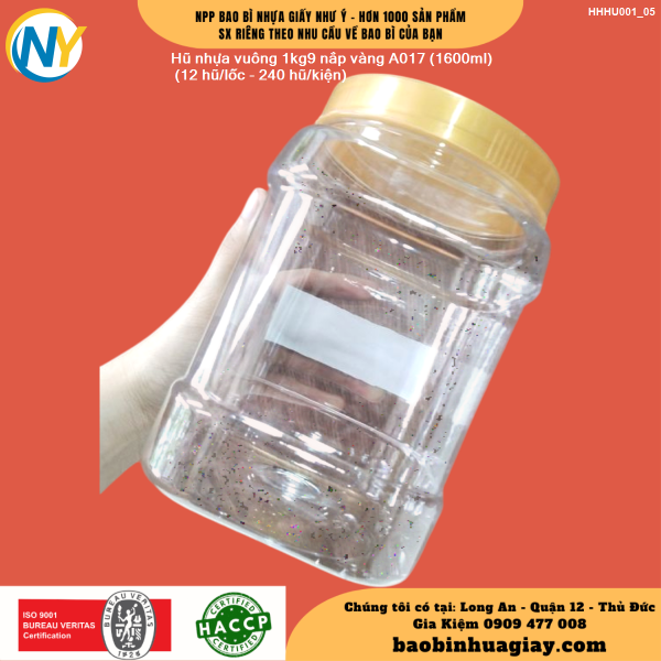 Hũ nhựa vuông 1kg9 nắp vàng A017 (1600ml) (12 hũ/lốc - 240 hũ/kiện)