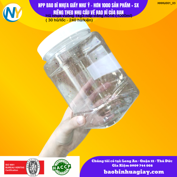 Hũ nhựa vuông 1kg3 nắp trắng A016 (1000ml) ( 30 hũ/lốc - 240 hũ/kiện)