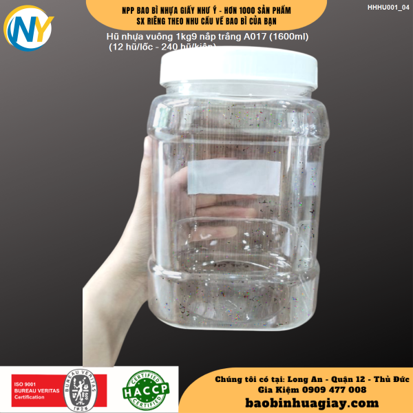 Hũ nhựa vuông 1kg9 nắp trắng A017 (1600ml) (12 hũ/lốc - 240 hũ/kiện)