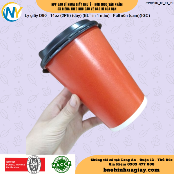 Ly giấy D90 - 14oz (2PE) (dày) (BL - in 1 màu) - Full nền (cam)(IGC)