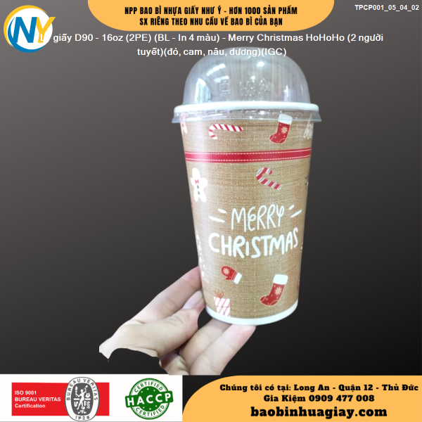 Ly giấy D90 - 16oz (2PE) (BL - In 4 màu) - Merry Christmas HoHoHo (2 người tuyết)(đỏ, cam, nâu, dương)(IGC)