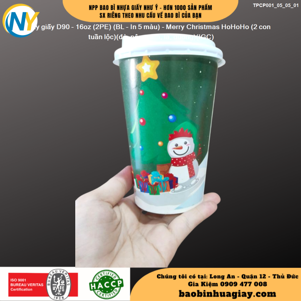 Ly giấy D90 - 16oz (2PE) (BL - In 5 màu) - Merry Christmas HoHoHo (2 con tuần lộc)(đỏ, nâu, cam, lá, dương)(IGC)