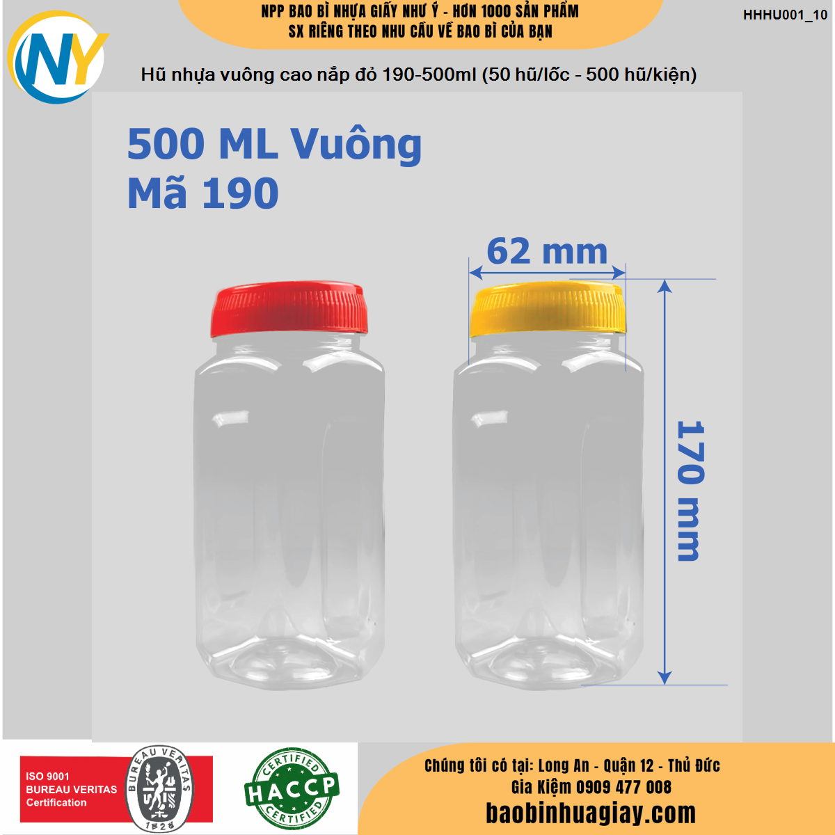 Hũ nhựa vuông cao nắp đỏ 190-500ml (50 hũ/lốc - 500 hũ/kiện)