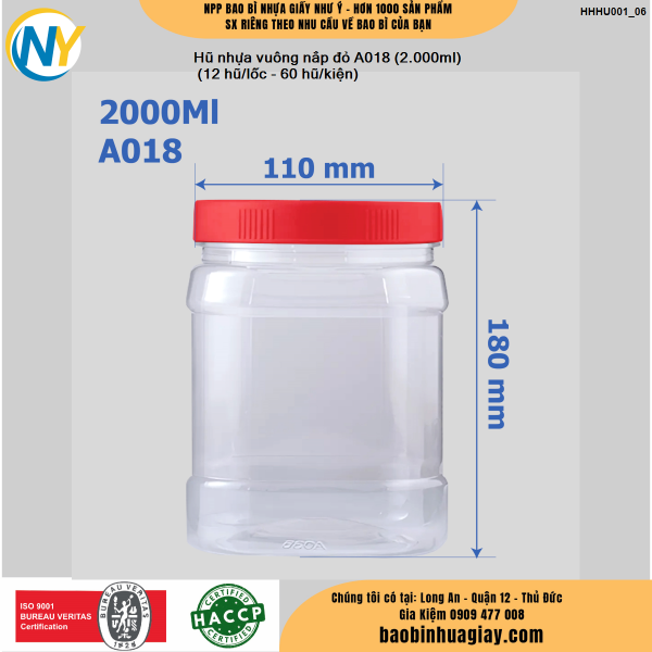 Hũ nhựa vuông nắp đỏ A018 (2.000ml) (12 hũ/lốc - 60 hũ/kiện)