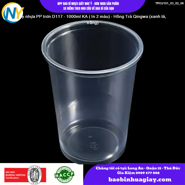 Ly nhựa PP trơn D117 - 1000ml KA ( In 2 màu) - Hồng Trà Qingwa (xanh lá, trắng)